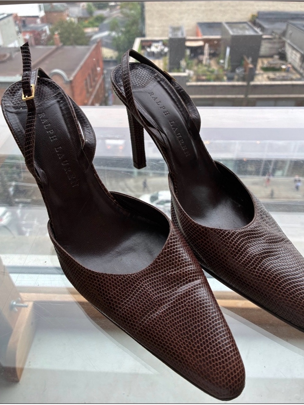 Ralph Lauren Pointed Toe Brown Embossed Leather Slingback Heels 8.5